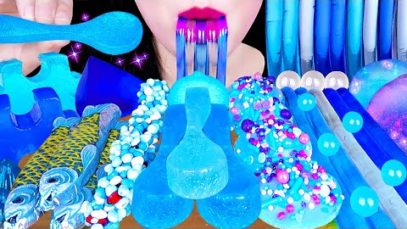 ASMR BLUE FOOD 하늘색 음식먹방 EDIBLE SPOONS, UFO CANDY, JELLY NOODLES, BLUE NERDS ROPE JELLY EATING SOUNDS