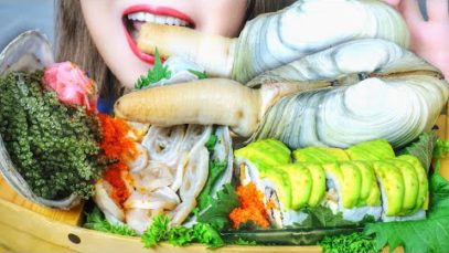 ASMR EATING GEODUCK SASHIMI X SUSHI X SEAGRAPES X TOBIKO EGGS , EATING SOUNDS | RAW FOOD | LINH-ASMR