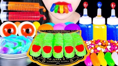ASMR EDIBLE LIQUID BOTTLE, GREEN FINGER, RAINBOW JELLY, JELLO SHOOTER 마녀 손가락, 주사기젤리 먹방 EATING SOUNDS