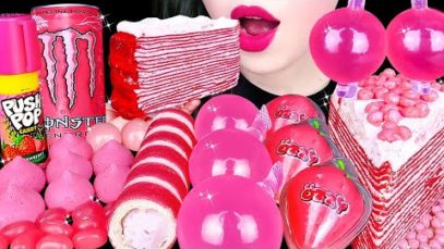 ASMR PINK FOOD 핑크색 먹방 PINK CREPE CAKE, PEACH TIKTOK JELLY, ICE CREAM 크레이프 케이크, 아이스크림, 틱톡젤리 MUKBANG