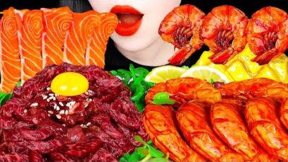 ASMR SPICY SHRIMP, SALMON, RAW BEEF, MANGO TANGHULU 육회, 연어회, 탕후루 먹방 SEAFOOD EATING SOUNDS MUKBANG
