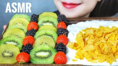 ASMR FRUITS X KELLOGG’S CORN FLAKES ( KIWI , STRAWBERRY , RASPBERRY ) EATING SOUNDS | LINH-ASMR