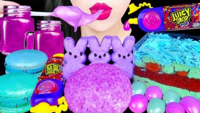 ASMR PURPLE MONGLE MONGLE KOREAN DIY CADNY, PEEPS MARSHMALLOW, MINT CAKE, MACARONS EATING SOUNDS 먹방