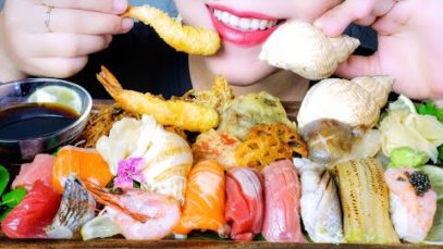 ASMR TEMPURA X SUSHI X SASHIMI SALMON TUNA SWEET SHRIMP EATING SOUNDS LINH ASMR