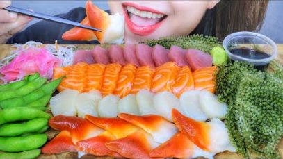 ASMR SEAFOOD SASHIMI (SALMON , SCALLOP , TUNA , RED CLAM) EATING SOUNDS | LINH ASMR