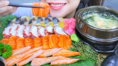 ASMR EATING SASHIMI PLATTER (SALMON , OCTOPUS , CRAB STICK , SEAWEED SOUP) EATING SOUNDS | LINH-ASMR