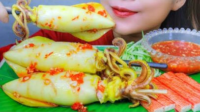 ASMR SQUID CAKES STUFFED IN SQUIDS AND CRAB STICKS , EATING SOUNDS | LINH-ASMR