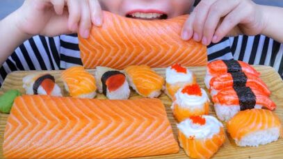 ASMR EATING RAW SALMON X SUSHI , EATING SOUNDS | LINH-ASMR