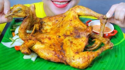 ASMR EATING GRILLED WHOLE CHICKEN WITH CHILI SALT SAUCE , EATING SOUNDS | LINH-ASMR