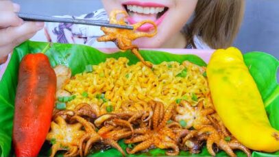 ASMR EATING FIRE NOODLES WITH SPICY OCTOPUS , EATING SOUNDS | LINH-ASMR