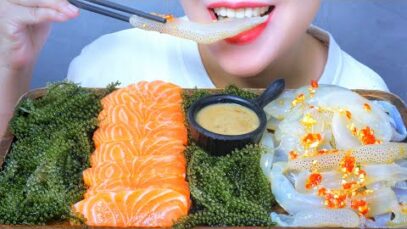 ASMR EATING RAW SALMON X JELLYFISH X SEAGRAPES , EATING SOUNDS | LINH-ASMR