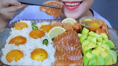 ASMR EATING SOY SAUCE MARINATED RAW SALMON X RAW EGG YORKS , EATING SOUNDS | LINH-ASMR