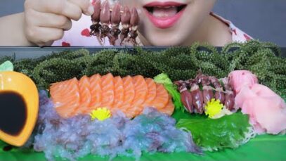 ASMR hotaru-ika ( enope squid ) , Raw salmon , blue jellyfish feet , eating sounds | LINH-ASMR