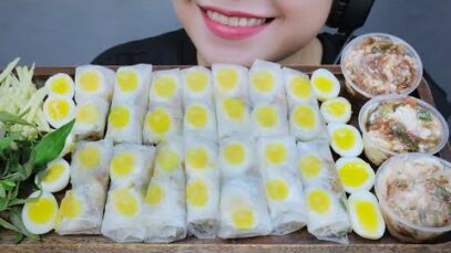 ASMR RICE PAPPER SPRING ROLL WITH SOFT BOILED QUAIL EGGS , EATING SOUNDS | LINH-ASMR