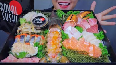 ASMR 100$ SASHIMI BOX FROM ROYAL SUSHI (SALMON ,ABALONE ,LOBSTER ,SNAIL) EATING SOUNDS | LINH-ASMR