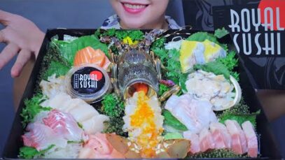 ASMR 88$ SASHIMI BOX FROM ROYAL SUSHI (SALMON, ABALONE, LOBSTER, SNAIL) EATING SOUNDS | LINH-ASMR