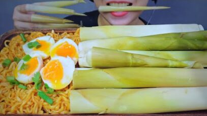 ASMR Chinese sour cane small bamboo shoots with Fire Noodles , eating sounds | LINH-ASMR