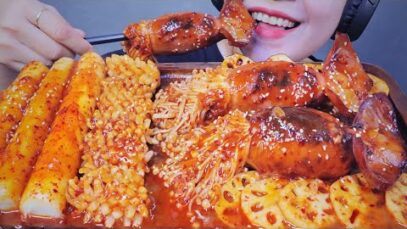 ASMR SPICY SQUID WITH ENOKI MUSHROOM X LOTUS ROOT X RICE CAKE | EATING SOUNDS | LINH-ASMR